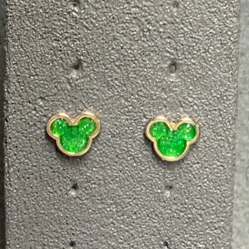 Disney Pierced Stud Earrings 0.5 In Mickey Mouse Ears Silver Green Sparkly Glam - Picture 1 of 6